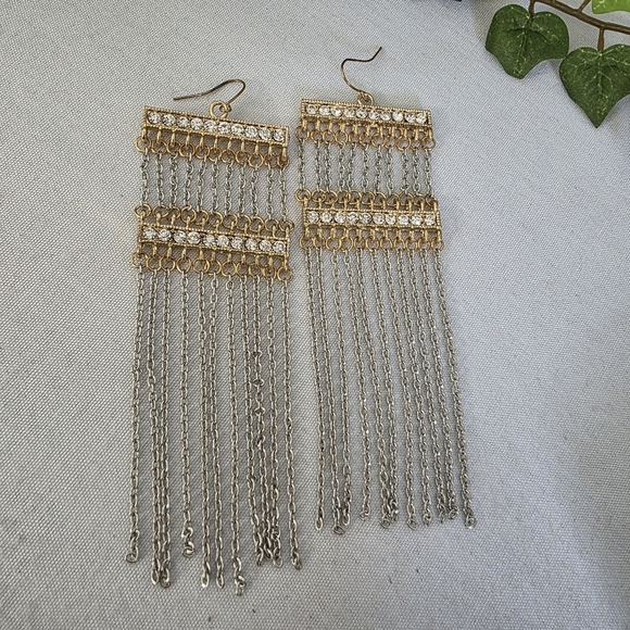 Statement Gold Silver Multi Chain Long Earrings - Picture 1 of 9